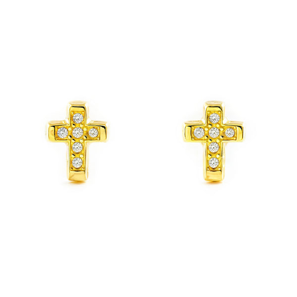 Orecchini Donna Ragazza Oro Giallo 9K Croce Zircone Brillante
