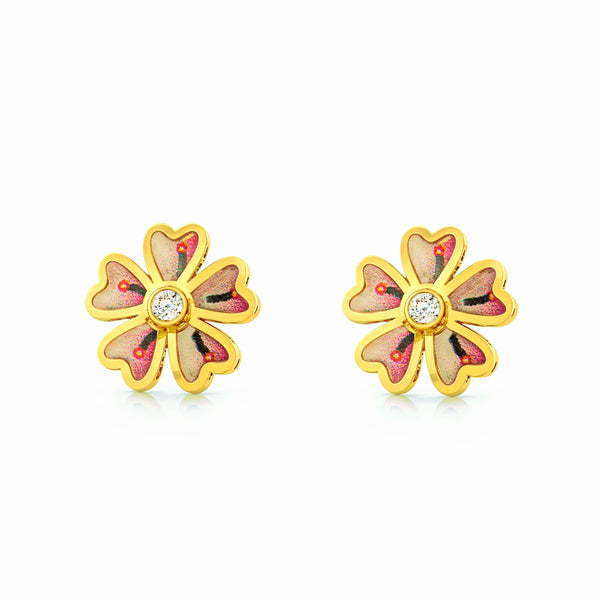 Orecchini Bambina-Ragazza Oro Giallo 9K Fiore Smalto Multicolore Zircone Brillante