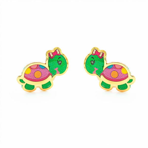 Pendientes Niña Oro Amarillo 9K Tortuga Esmalte Multicolor Brillo