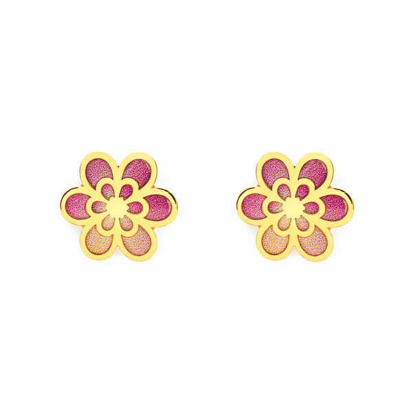 Orecchini Bambina-Ragazza Oro Giallo 9K Fiore Smalto Multicolore Brillante