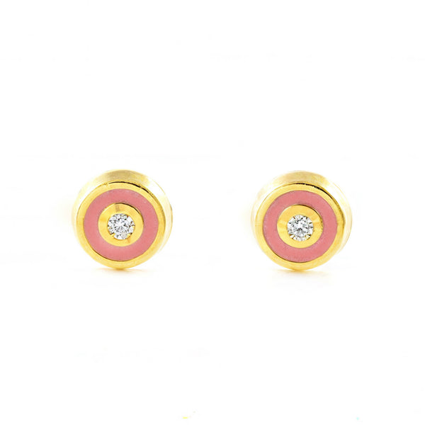Orecchini Bambini-Ragazza Oro Giallo 9K Rotondo Smalto Rosa Chiaro Luccichio