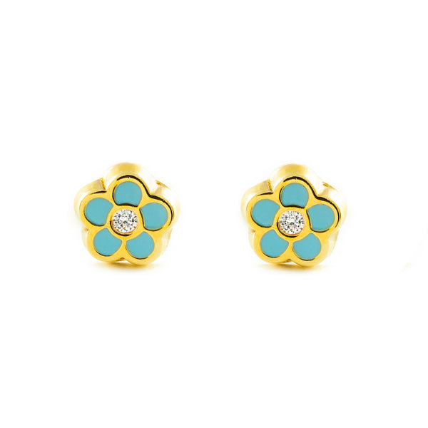 Orecchini Bambini e Ragazza Oro Giallo 9K Fiore Margherita Esmalto Blu Brillante