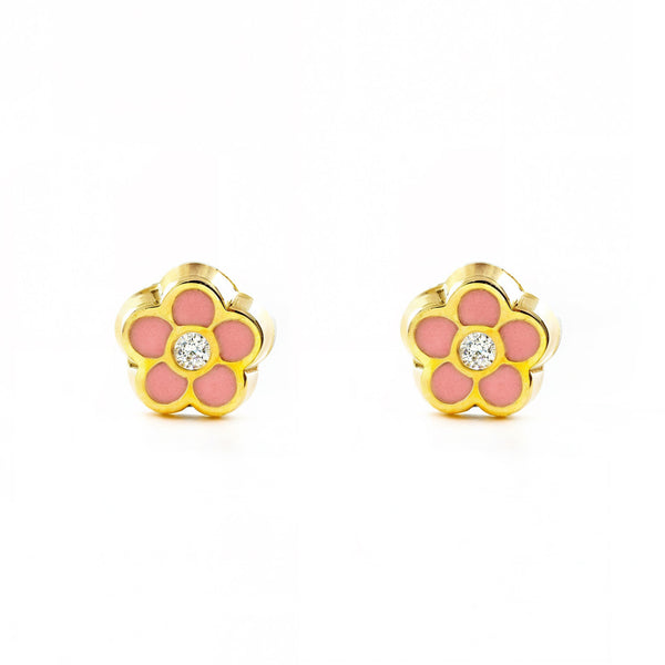 Orecchini Bambini-Ragazza Oro Giallo 9K Fiore Margherita Esmalto Rosa Chiaro Brillante