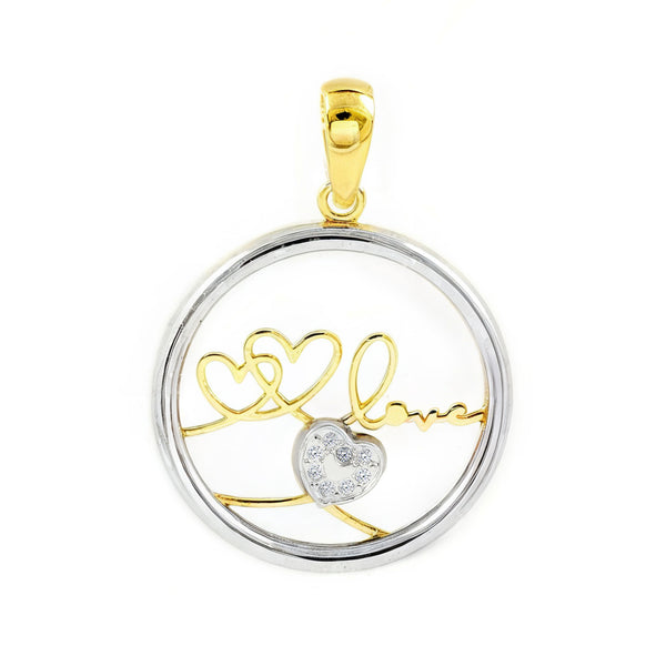 Ciondolo Donna e Ragazza Oro Bicolor 9K Rotondo Cuore Love Zirconi Brillante
