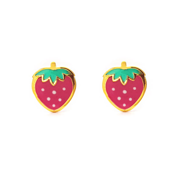 Orecchini Bambini Ragazza Oro Giallo 9K Fragola Smalto Multicolore Lucido