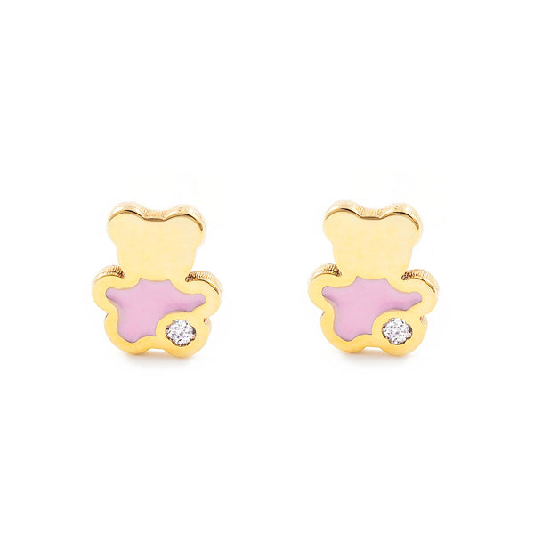 Orecchini Bambina Oro Giallo 9K Orso Esmalto Zircone Brillante