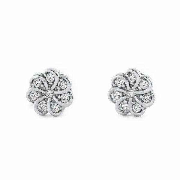 Orecchini donna e ragazza Oro Bianco 9K fiore Zircone Brillante