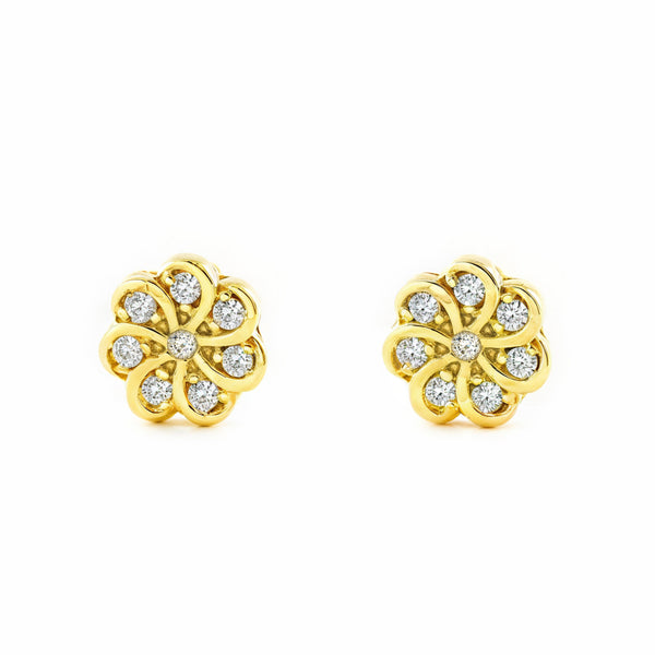 Orecchini donna e ragazza Oro Giallo 9K fiore Zircone Brillo