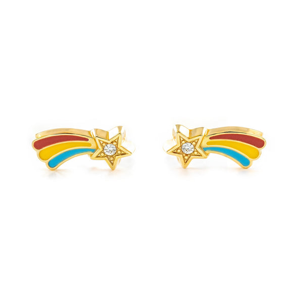 Mädchen Ohrringe Gelbgold 9K Sternschnuppe Multicolor Emaille Zirkonia Glanz