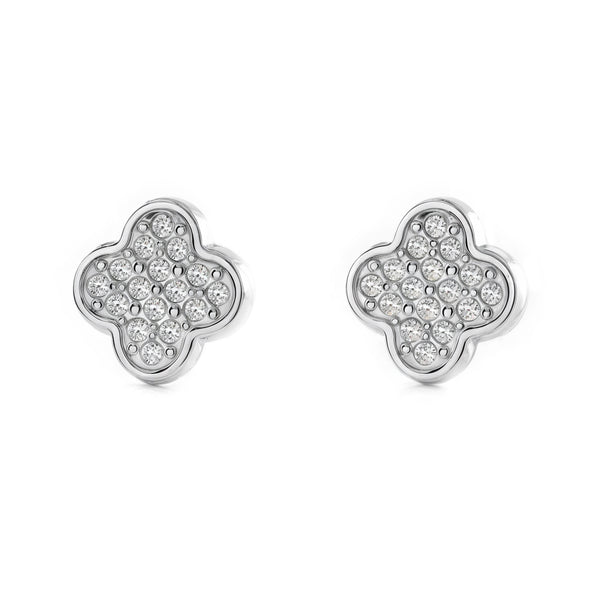 Orecchini donna ragazza Oro Bianco 9K Quadrifoglio Zircone Lucido