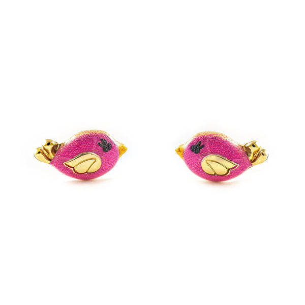 Pendientes Niña Oro Amarillo 9K Pajaro Esmalte Rosa Intenso Brillo