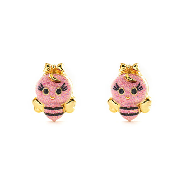 Orecchini ragazza in Oro Giallo 9K con ape in smalto rosa chiaro brillante