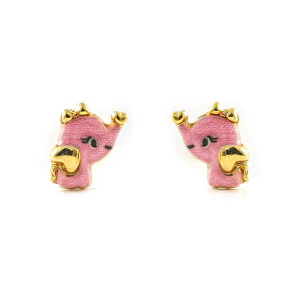 Orecchini ragazza Oro Giallo 9K Elefante Esmalto Rosa Brillante