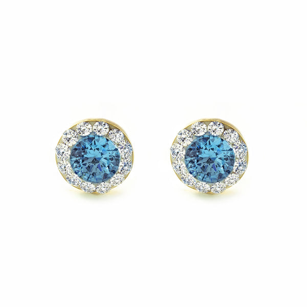 Orecchini Donna e Ragazza Oro Giallo 9K Rotondo Zircone e Acquamarina Brillante