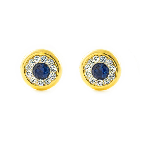 Orecchini donna ragazza Oro Giallo 9K Chaton Rotondo Zircone e Zaffiro sintetico Brillante