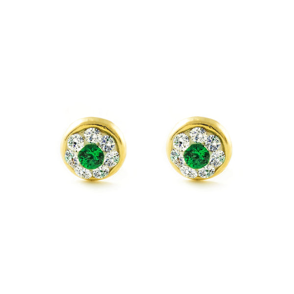 Orecchini Bambini Oro Giallo 9K Chaton Rotondo Zircone e smeraldo sintetico Brillante