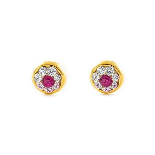 Orecchini Bambini Oro Giallo 9K Chaton Rotondo Zircone e rubino sintetico Brillante