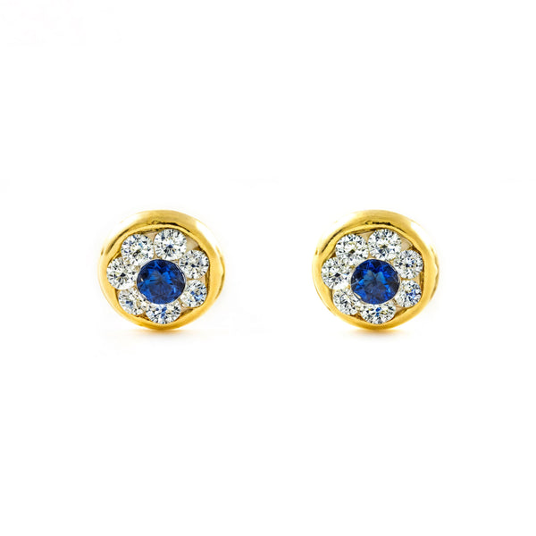 Orecchini Bambini Oro Giallo 9K Chaton Rotondo Zircone e Zaffiro Sintetico Brillante