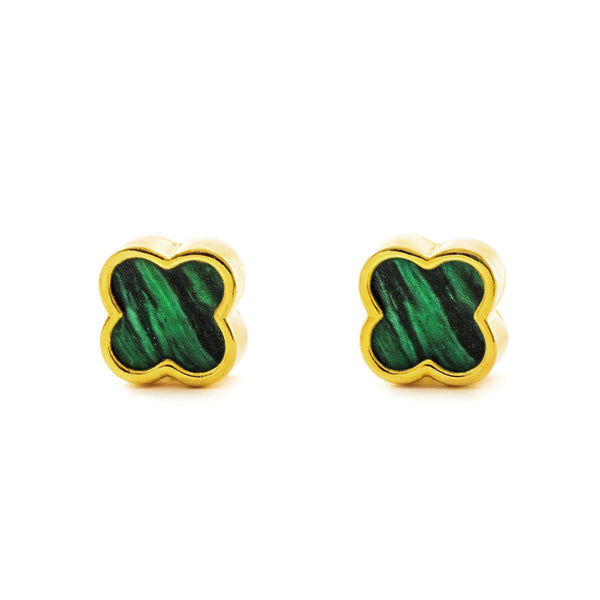 9ct Yellow Gold Four Leaf Clover Malachite Shine Earrings