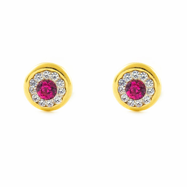 Orecchini Donna e Ragazza Oro Giallo 9K Chaton Rotondo Zircone e rubino sintetico Brillante
