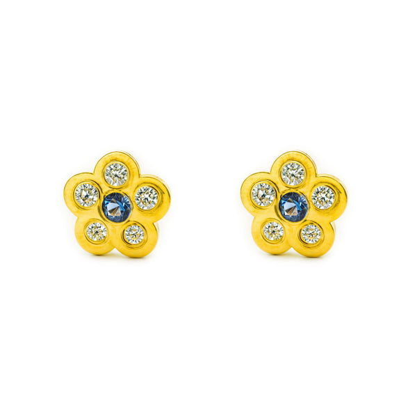 18ct Yellow Gold Daisy Flower Cubic Zirconia and Synthetic Sapphire Baby Girls Earrings shine