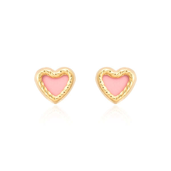 Orecchini Bambini cuore rosa madreperla Oro Giallo 9K intagliati