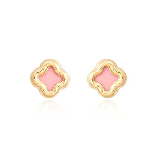 Orecchini Bambini Oro Giallo 9K Madreperla Quadrifoglio Rosa Intagliato