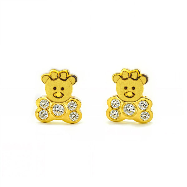18ct Yellow Gold Bear Cubic Zirconia Matte and Shine Baby Girls Earrings