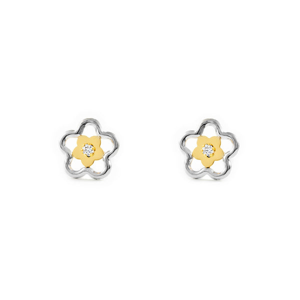 Orecchini ragazza donna fiore margherita Zircone Bicolore 9K