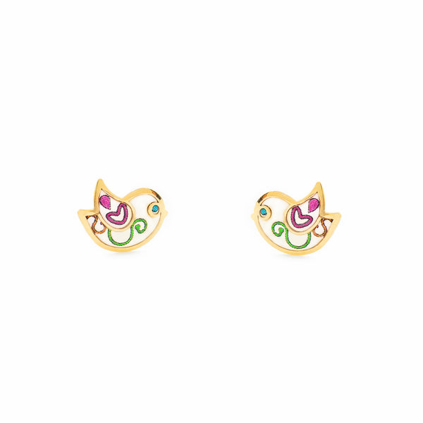 Pendientes Niña Oro Amarillo 9K Pajaro Esmalte Multicolor Brillo