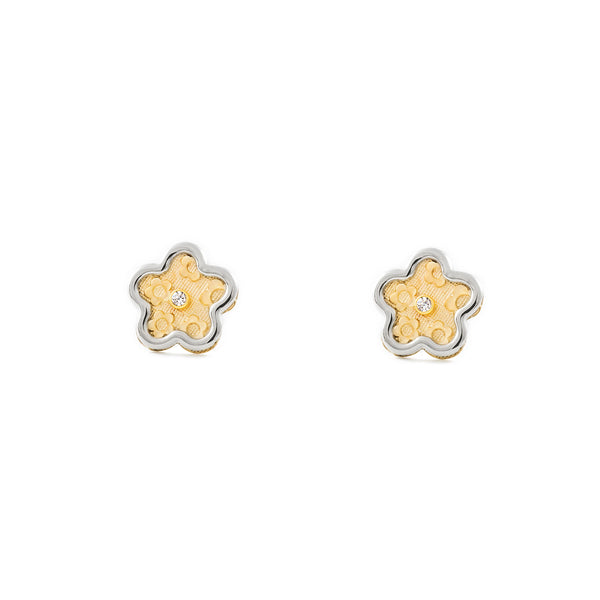 Pendientes Mujer-Niña Oro Bicolor 9K Flor Margarita Circonita Texturado