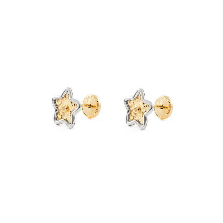 Pendientes Niña Bicolor Estrella fonfo textura y Circon (9kts)