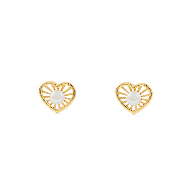 Pendientes Niña Oro Amarillo 9K Perla Botón 3,5 mm Corazón Mate y Brillo