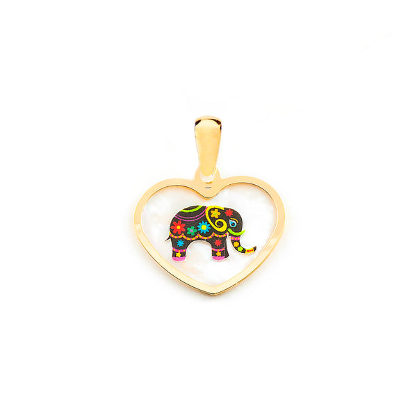 Colgante Oro Amarillo 9K Nacar Corazón Elefante Multicolor Brillo