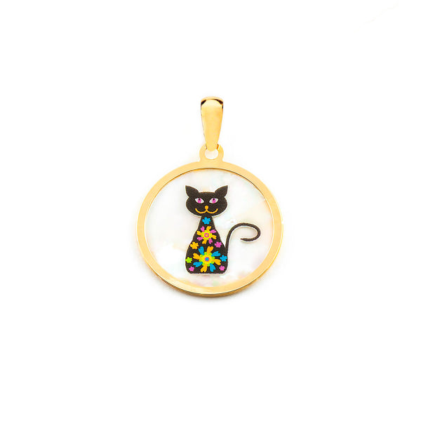 Colgante Oro Amarillo 9K Nacar Redondo Gato Multicolor Brillo