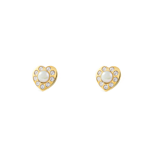 Orecchini ragazza donna Cuore Zircone Perla 3.5 mm Oro Giallo 9K