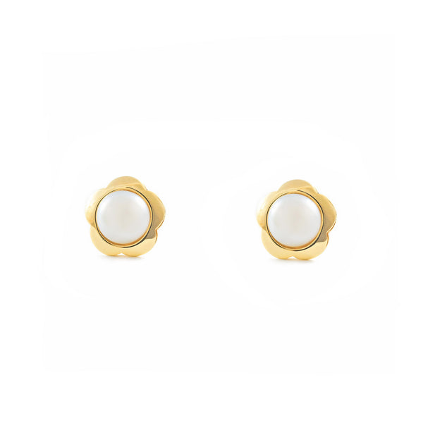 Pendientes Mujer-Niña Oro Amarillo 9K Perla Botón 6 mm Flor Margarita Brillo