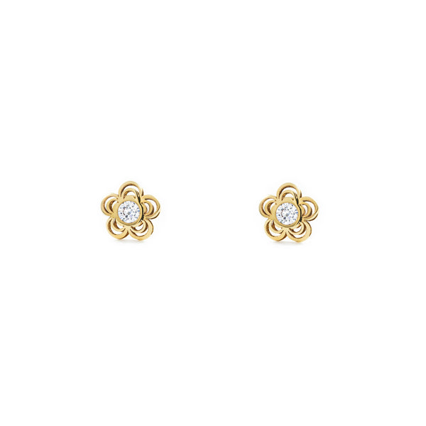 Pendientes Bebe-Niña Oro Amarillo 9K Flor Margarita Circonita Brillo