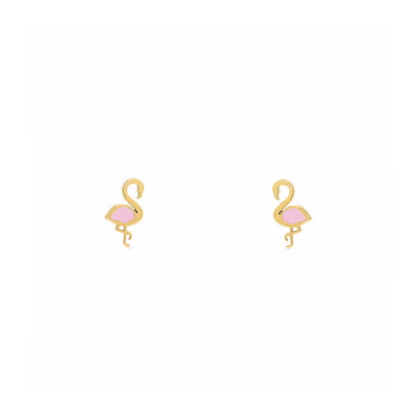 Pendientes Niña Oro Amarillo 9K Flamenco Esmalte Rosa Brillo