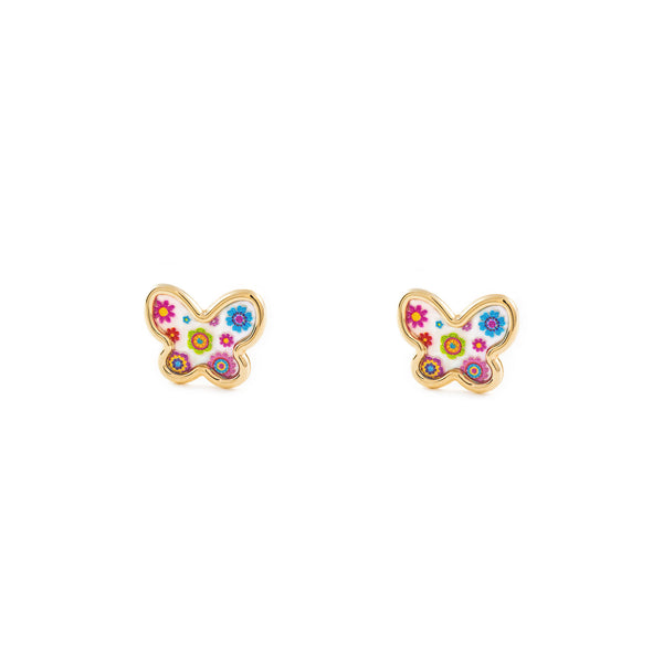 Orecchini bambini ragazza Madreperla Farfalla Smalto multicolore Oro Giallo 9K
