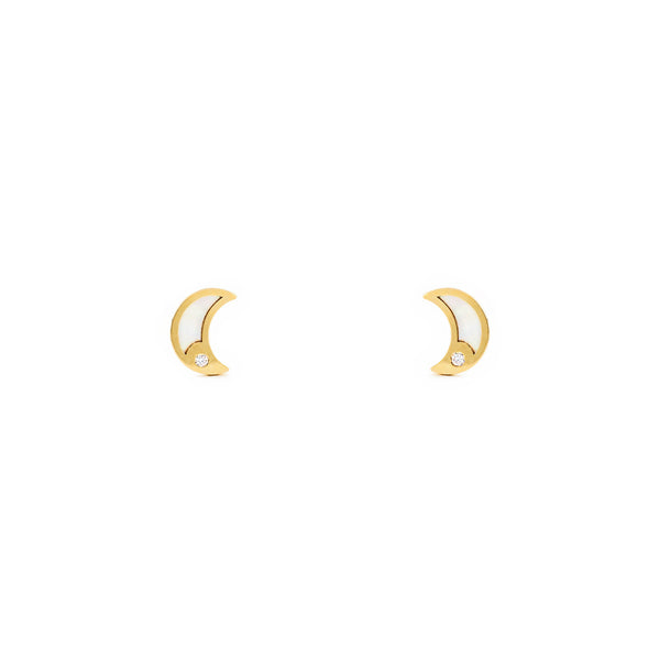 Pendientes Bebe-Niña Oro Amarillo 9K Nacar Luna Circonita Brillo