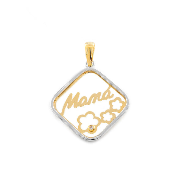 Colgante Oro Bicolor 18K Cuadrado Mama Flores Circonita Brillo