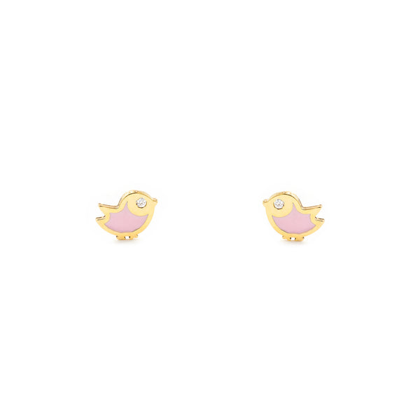 Pendientes Bebe-Niña Oro Amarillo 9K Pajaro Esmalte Rosa Circonita Brillo