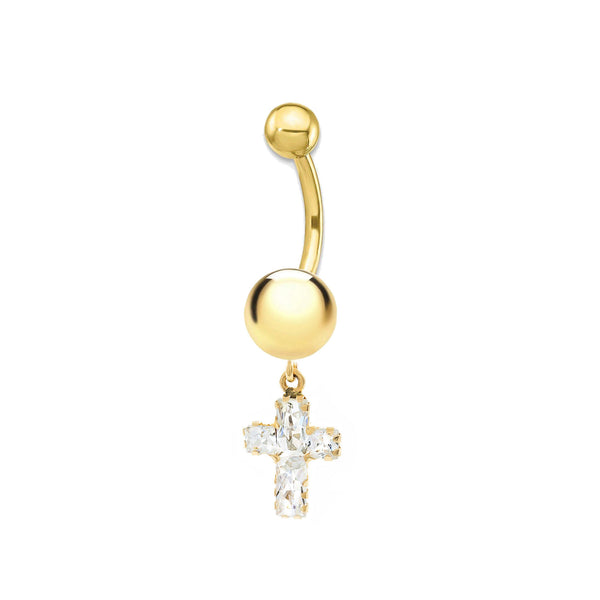 Piercing Ombelico Oro Giallo 9K Incisione Croce e Brillante Zirconia