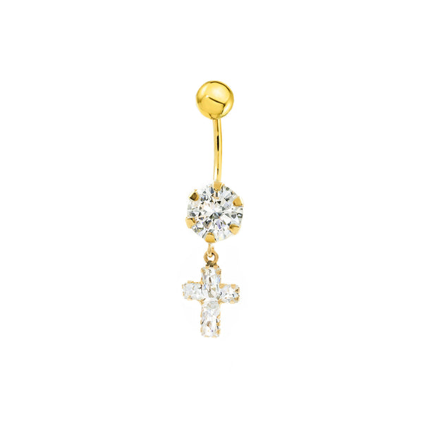 Piercing Ombelico Oro Giallo 9K Incisione Croce e Brillante Zirconia