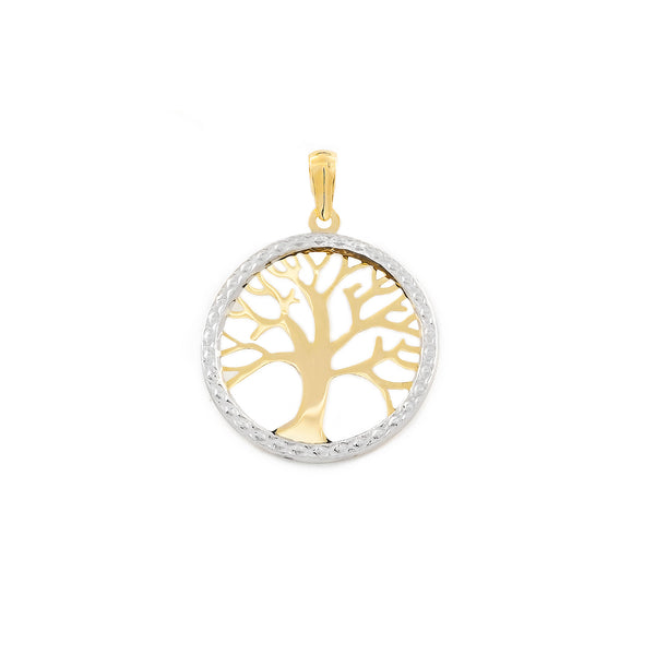 Colgante Oro Bicolor 9K Redondo Arbol de la vida Brillo y Textura
