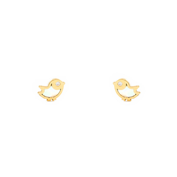 Pendientes Bebe-Niña Oro Amarillo 9K Nacar Pajaro Circonita Brillo