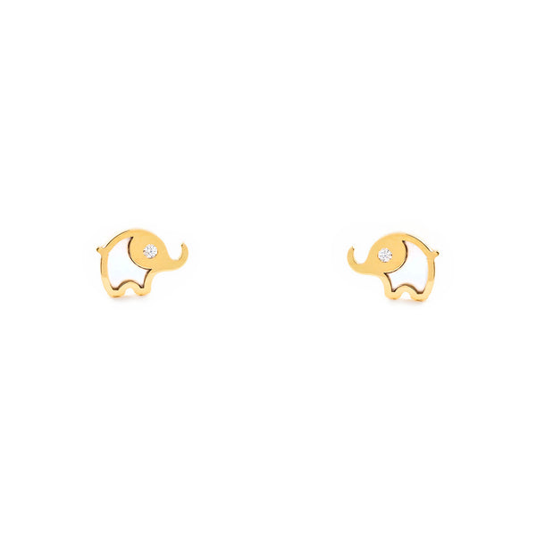 Orecchini bambini ragazza Madreperla Elefante Zircone Oro Giallo 9K