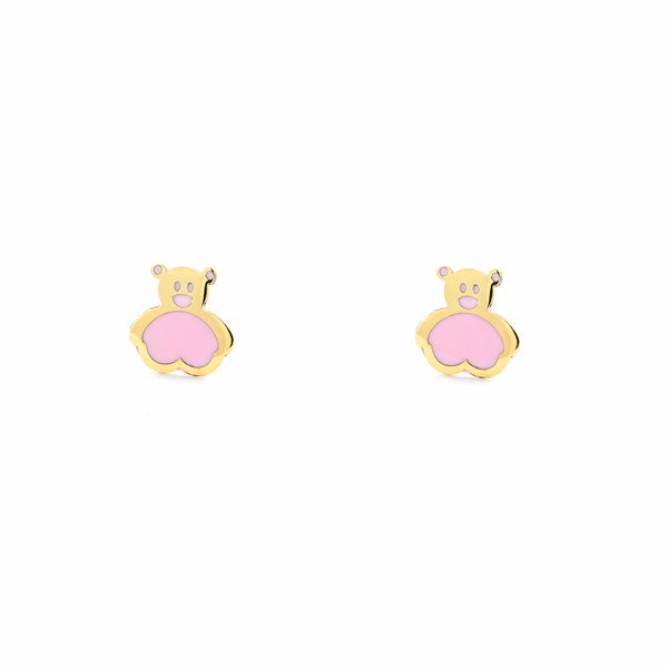 Orecchini ragazza Smalto rosa Orso Oro Giallo 9K