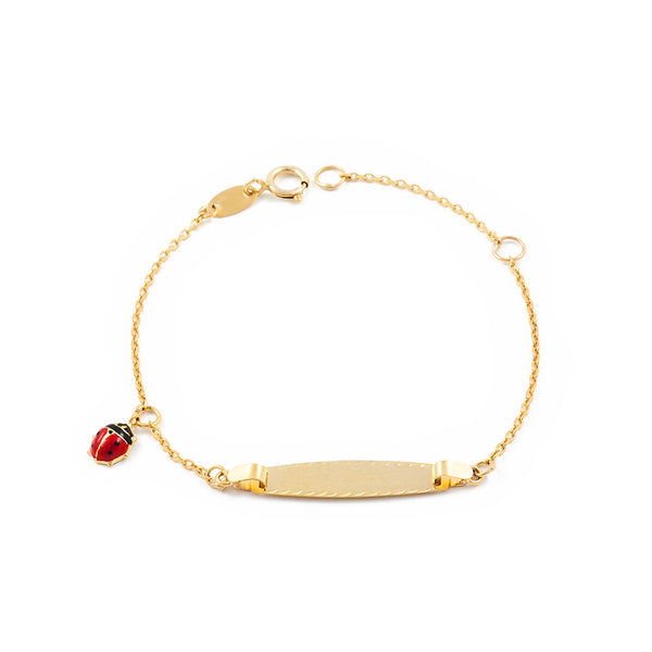 Pulsera Niña Oro Amarillo 9K Personalizada Esclava Mariquita Mate y Brillo 14 cm